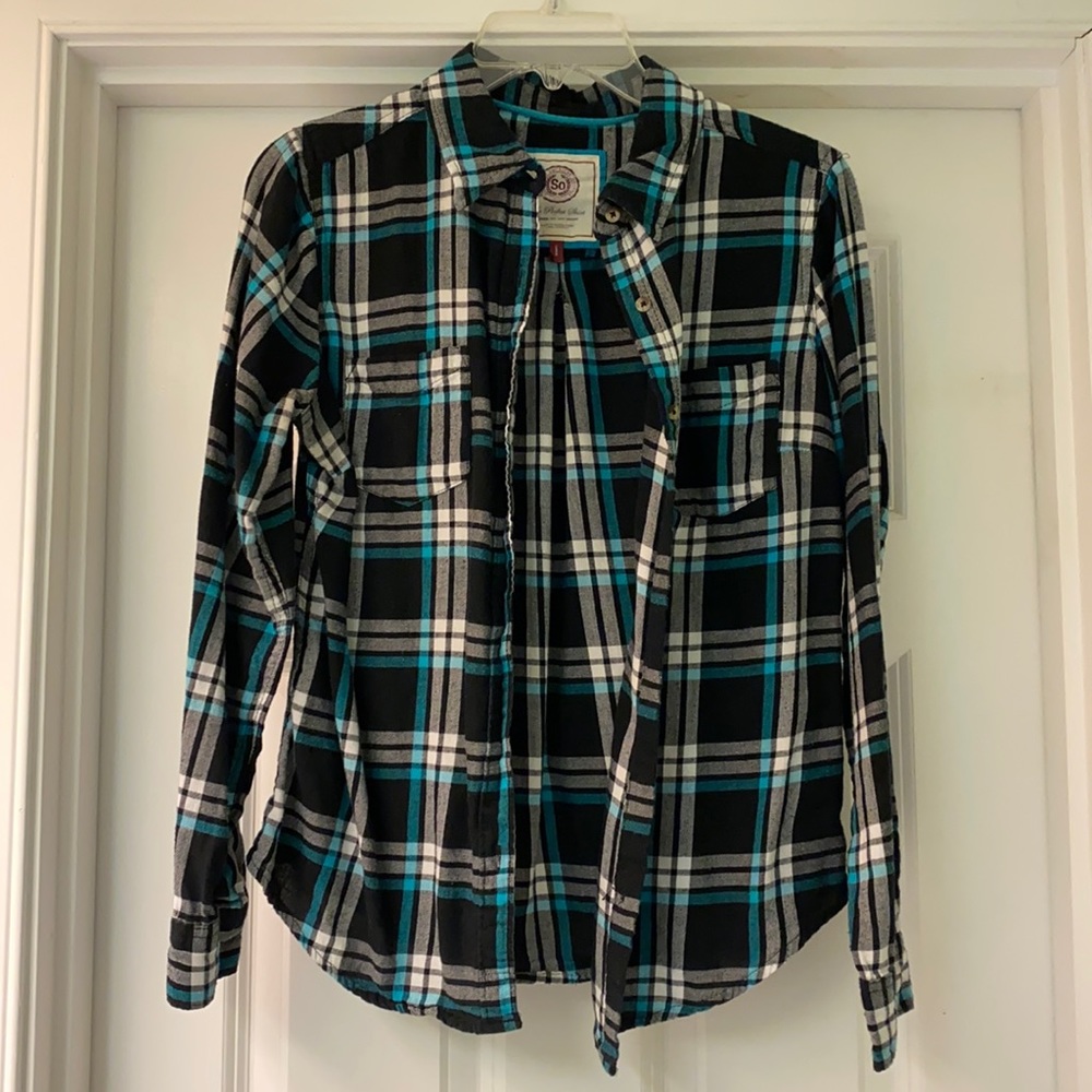 SO black and teal flannel shirt